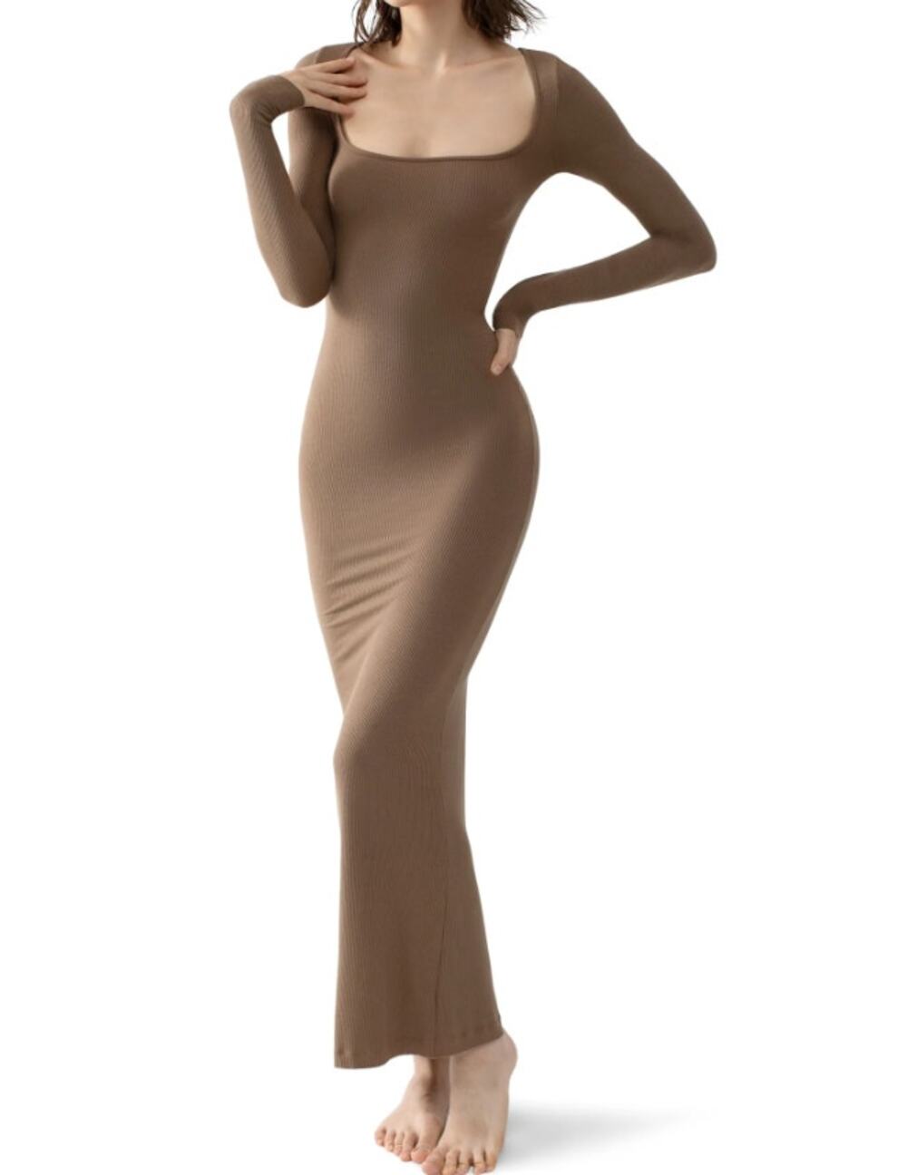 PUMIEY Square Neck Ribbed Long Sleeve Maxi Dress Women Size M Brown Soft Lounge